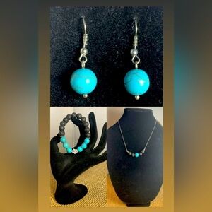 Turquoise Stone & Lave Stone Necklace, Bracelet, & Earrings
